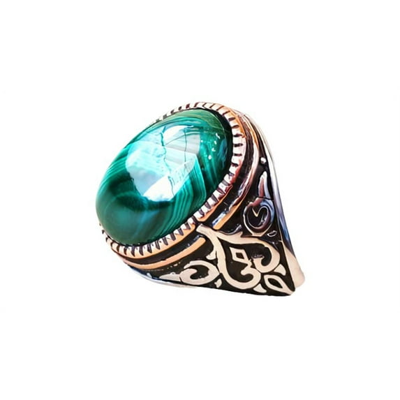 Malachite Mans Ring, Natural Green Malachite, Spiritual, Silver Jewelry, 925 Silver Ring, Birthday Gift, Heavy Mens Ring, Arabic Design, Ottoman Style Ring, Christmas, Turkey Mens Signet Ring