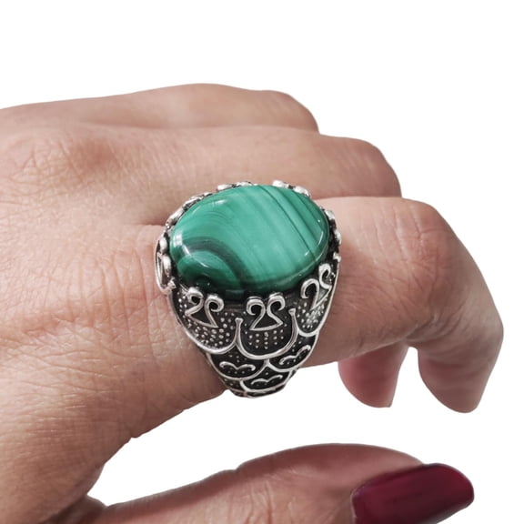 Malachite Mans Ring, Natural Green Malachite, Spiritual, Silver Jewelry, 925 Silver Ring, Birthday Gift, Heavy Mens Ring, Arabic Design, Ottoman Style Ring, Christmas, Turkey Mens Signet Ring
