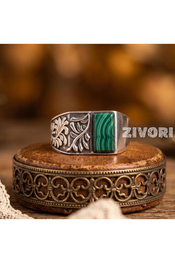 Malachite Men's Signet Ring in 925 Sterling Silver, Natural Green Gemstone Ring, Vintage Style Statement Ring for Men