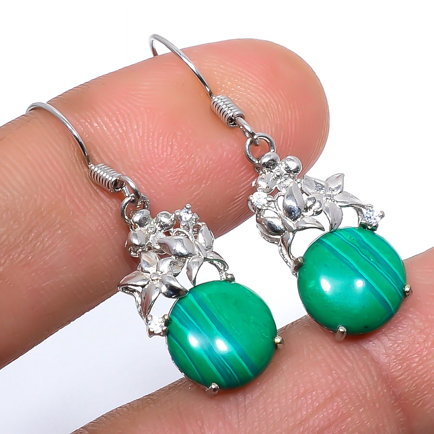 Malachite Rhodium Plated 925 Sterling Silver Hook Earring 1.36" F225, Handmade Jewelry, Dangle Earring