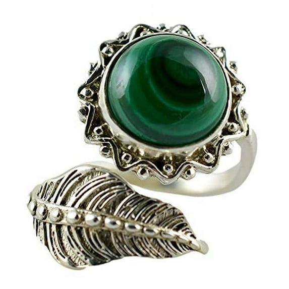 Malachite Round 925 Sterling Silver Handmade Women Statement Leaf Ring Size 9.5