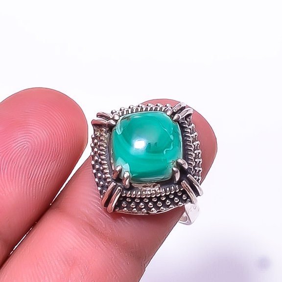 Malachite Solitaire Gemstone Handmade 925 Silver Plated Ring s.7.5, Green Malachite Ring R_8037_302_1