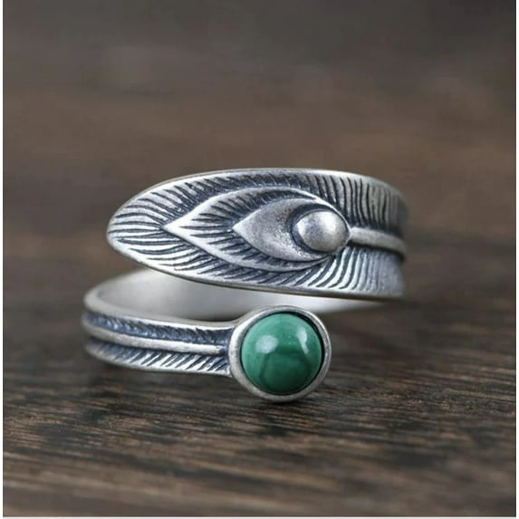 Malachite Stainless steel Resizable ring Perfect Gift For her Peacock Feather Ring