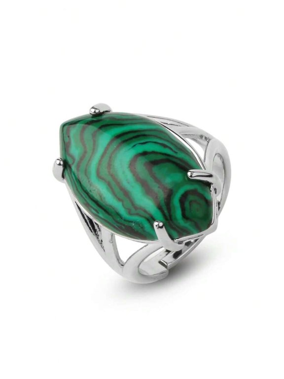 Malachite Statement Ring G574 Silvertone Adjustable Oval Gemstone Ring