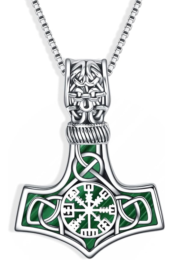 Malachite Thor Hammer Necklace Sterling Silver Vegvisir Celtic Viking Jewelry Gift for Men
