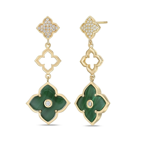 Malachite Three Flower Drop Dangle Earrings for Women with Cubic Zirconia in 925 Sterling Silver with Yellow Gold Plating Push Back by Lavari Jewelers