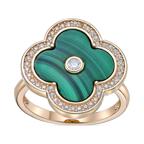Malachite and Cubic Zirconia Flower Ring for Women in 925 Sterling Silver with Yellow Gold Plating Size 8 by Lavari Jewelers