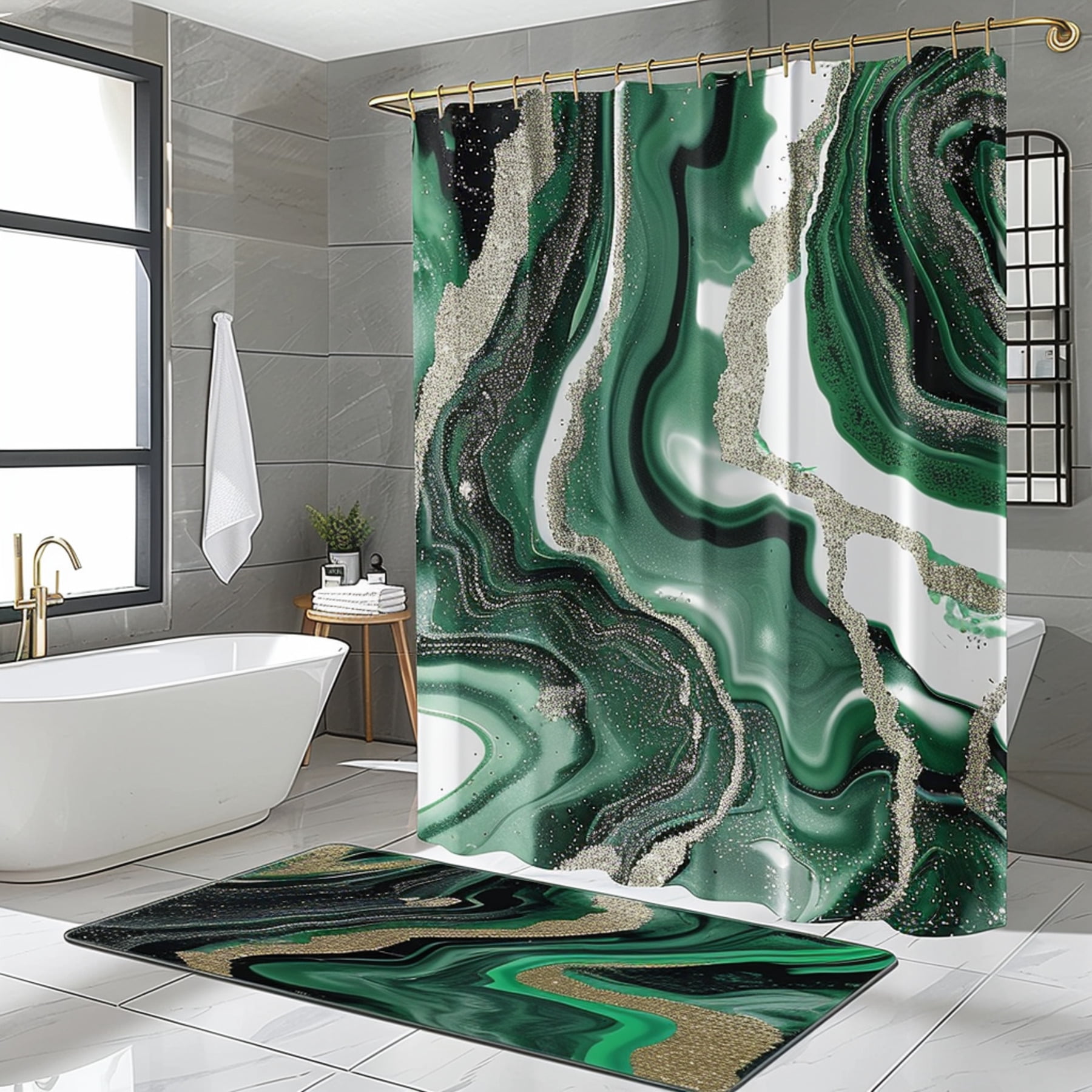 Malachite marble print shower curtain set with glitter accents in white black gold and green