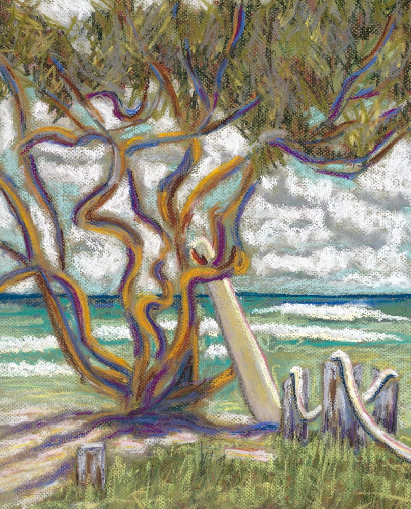 Malaekahana Tree Hawaii Oahu North Shore Malaekahana Surfboard Leaning Against Tree On Beach (Pastel) Canvas Art - Patti Bruce Design Pics (24 x 32)