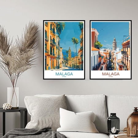 Malaga Skyline Spain Travel Costa Del Sol Andalusia Wall Travel Poster, Set 2, Poster Only