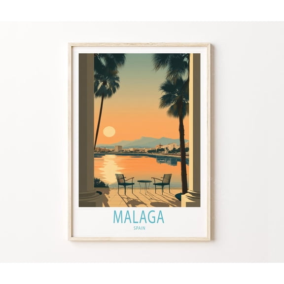 Malaga Spain Costa del Sol Coastal City Sunset Art Print, Unframed Paper Poster 8x10in