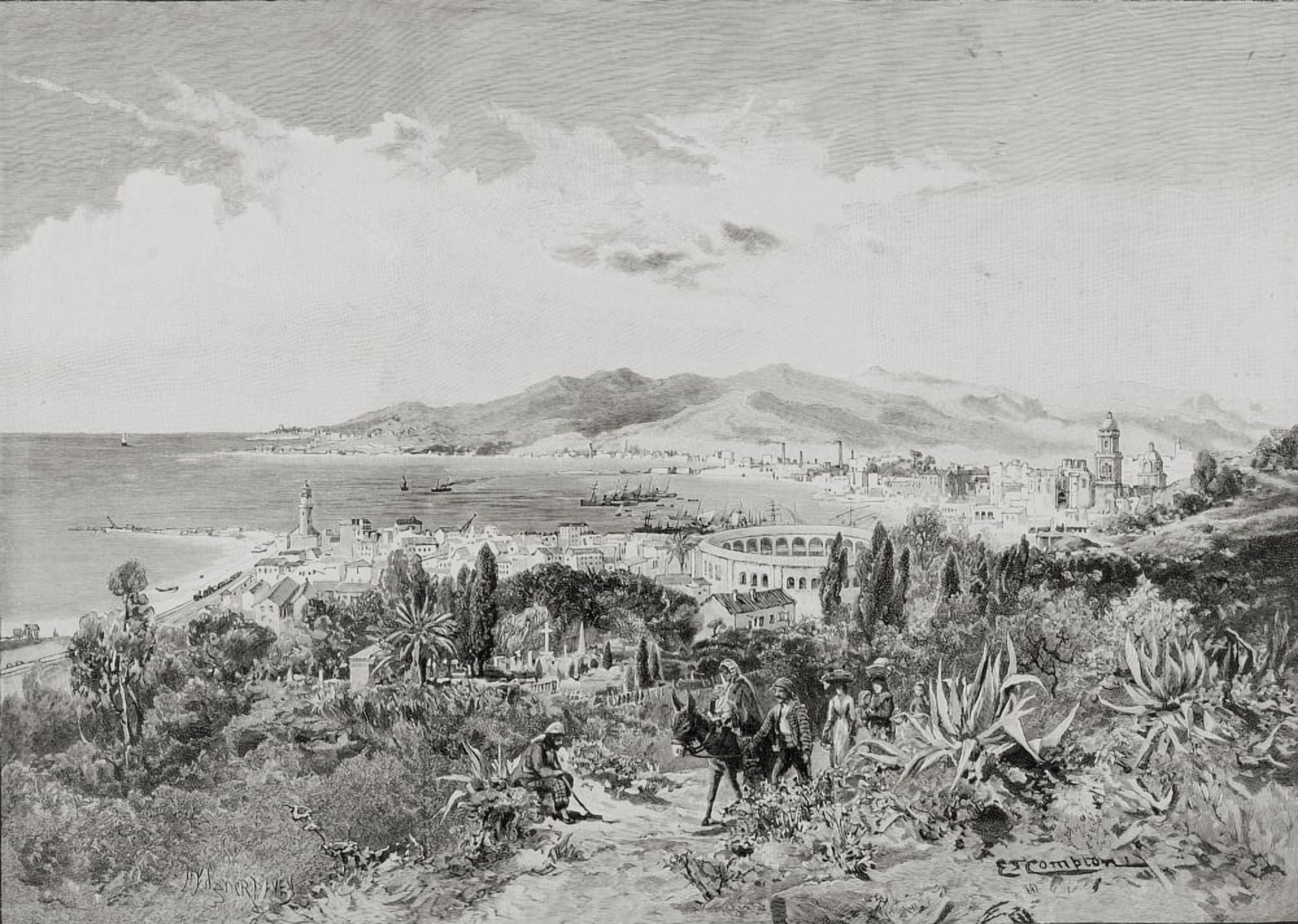 Malaga Spain Looking West By Edward TCompton (1849-1921) From The Picturesque Mediterranean Circa 1890 Canvas Art - Ken Welsh Design Pics (17 x 12)