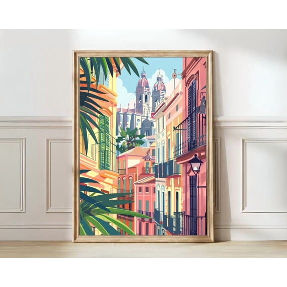 Malaga Spain New Yorker Style Illustration Nursery Wall Art, Unframed Paper Print Size 8x12