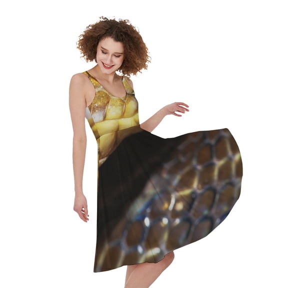 Malagasy Cat Eyed Snake Print Sleeveless Knee Length Dress, Pet Cat Fashion Summer Maxi Dress For Women