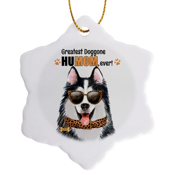 3drose, Malamute Dog Looking Stylish for Mom on Mothers Day in Cheetah Print, 3 inch Snowflake Porcelain Ornament