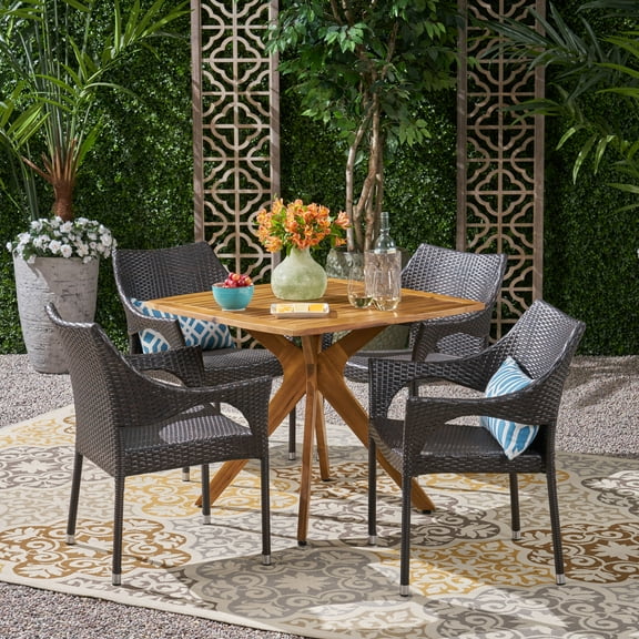 Malani Outdoor 5 Piece Wood and Wicker Dining Set, Teak, Multi Brown