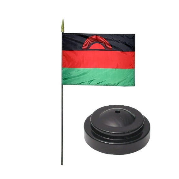 Malawi Desk Flag with Base; American Made Rayon 4x6 inch Miniature Table Set Includes One Small Mini Country Stick Flags and One Black Stand (Malawi Desk Flag and Base)