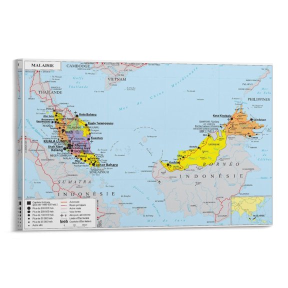 Malaysia Map Posters Artworks Picture Print Poster Wall Art Painting Canvas Gift Decor Home Posters Decorative 12x18inch(30x45cm)