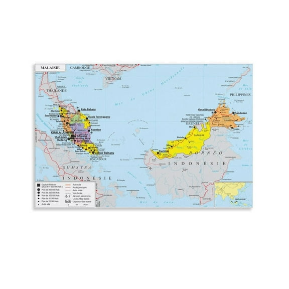 Malaysia Map Posters Wall Art Picture Painting Poster Canvas Print Posters Artworks Bedroom Living Room Decor 08x12inch(20x30cm)