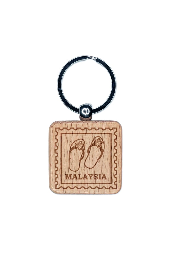 Malaysia Travel Beach Flip Flops Square Keychain Charm Tag - Engraved Wood