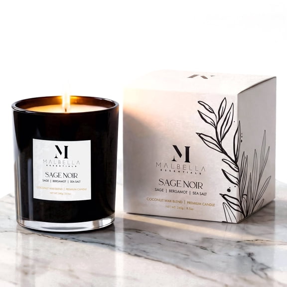 Malbella Essentials Sage Noir Scented Coconut Wax Blend Candle with 50 Hr Burn Time, Modern Self-Care, Gift-Ready Glossy Glass Vessel