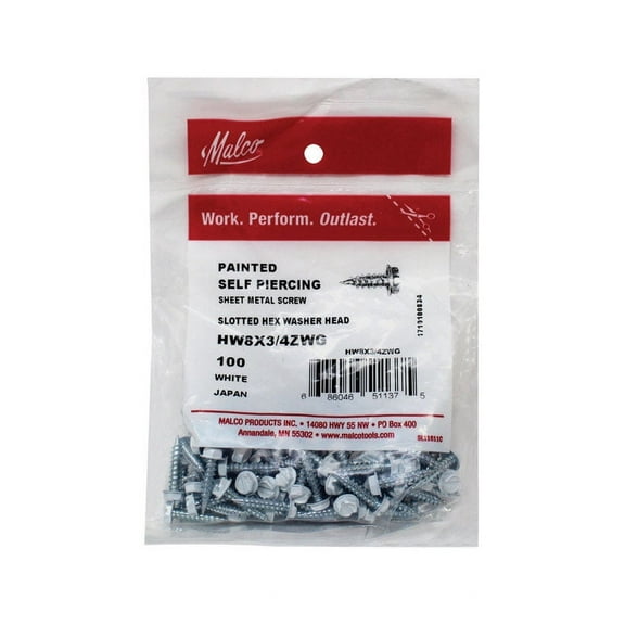 Malco No 8 x 3/4 in. L Hex Slotted Head Zinc-Plated Metal Sheet Metal Screws 100 per box