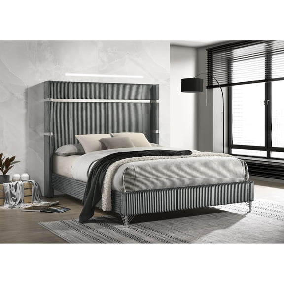 Malcolm Grey Upholstered Queen Wingback Bed
