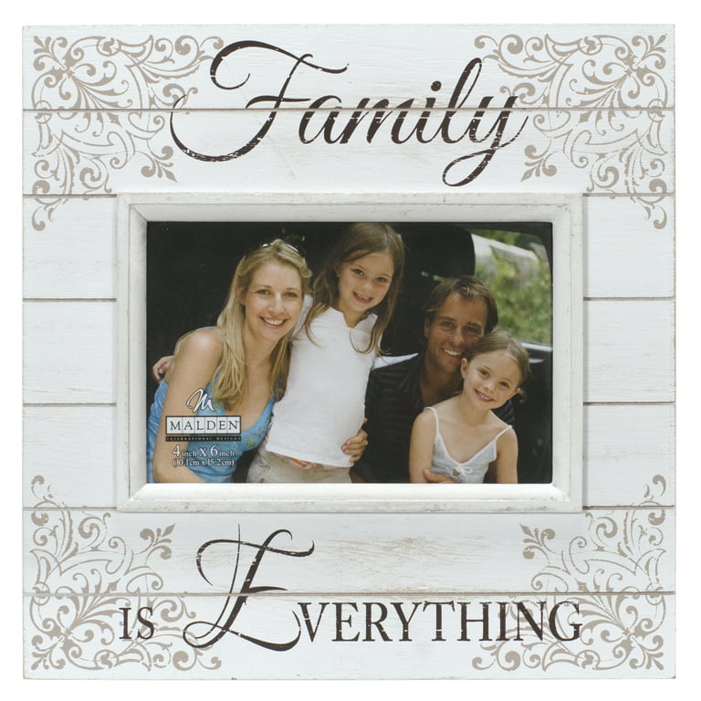 Malden International Designs - Family Sunwashed Woods, 4x6 Single Opening,  Distressed White Wood Sentiment Picture Frame with subtle Corner Art,  Distressed White Wood Molding Inner Border 