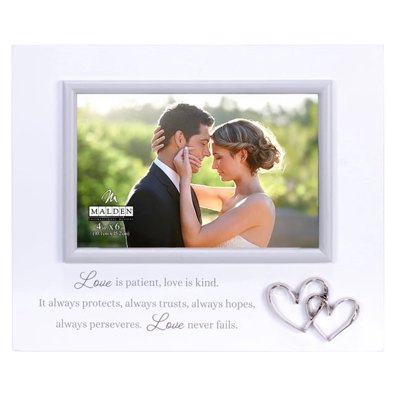 Malden - Love Is Patient Wedding Picture Frame, White 4x6 Photo Frame with Double Heart Accent
