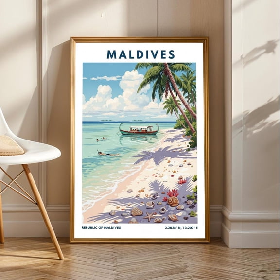 Maldives Beach Scene Poster: Vintage Tropical Gouache Art, Unframed Poster Size 8x12