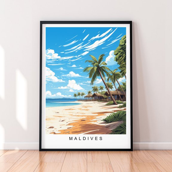 Maldives Illustration Beach Travel Poster, Travel Inspired Home And Office Decor