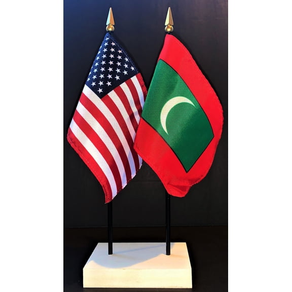 Maldives Table Flag Set; One USA and International Rayon 4x6 inch Flag Plus a White Base