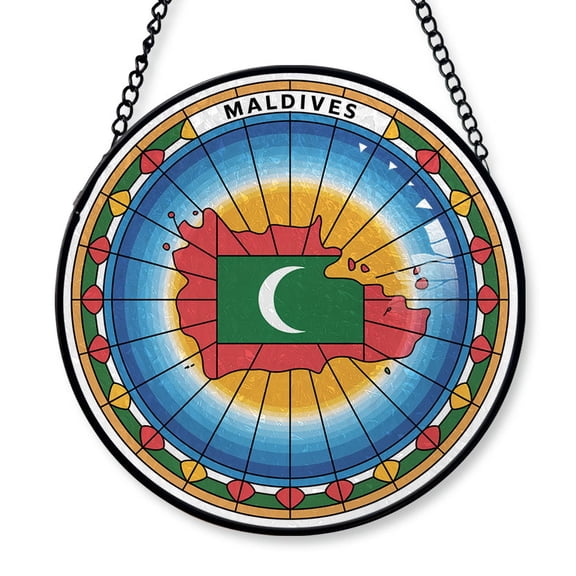 Maldives Travel Decor Suncatcher Stained Glass Window Hanging, Gift for Traveller, Collection of Country Travel Souvenirs for Family and Friends, Maldives Map and Flag Décor
