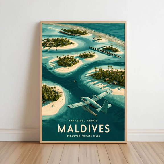 Maldives Travel Poster, Vintage Seaplane, Tropical Island, Travel Inspired Home And Office Decor