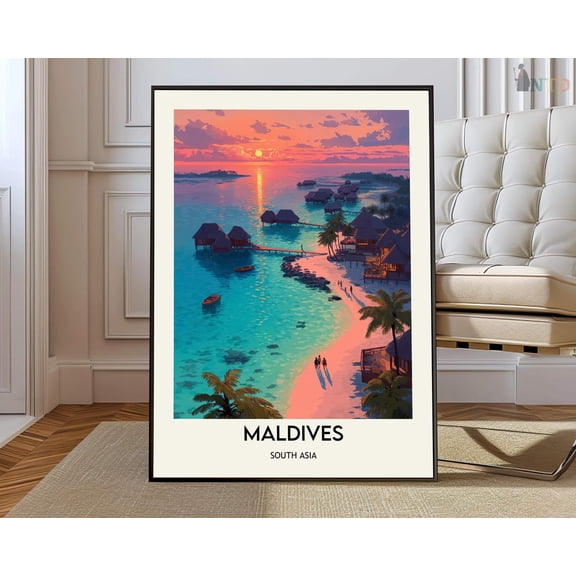 Maldives Tropical Island Travel Poster Wall Art Print, Unframed Canvas 24x36in