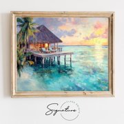 Maldivian Overwater Bungalow at Sunset, Tropical Coastal, Serene Summer Landscape Wall Art, Earthy Decor, 3592 Unframed Paper Print