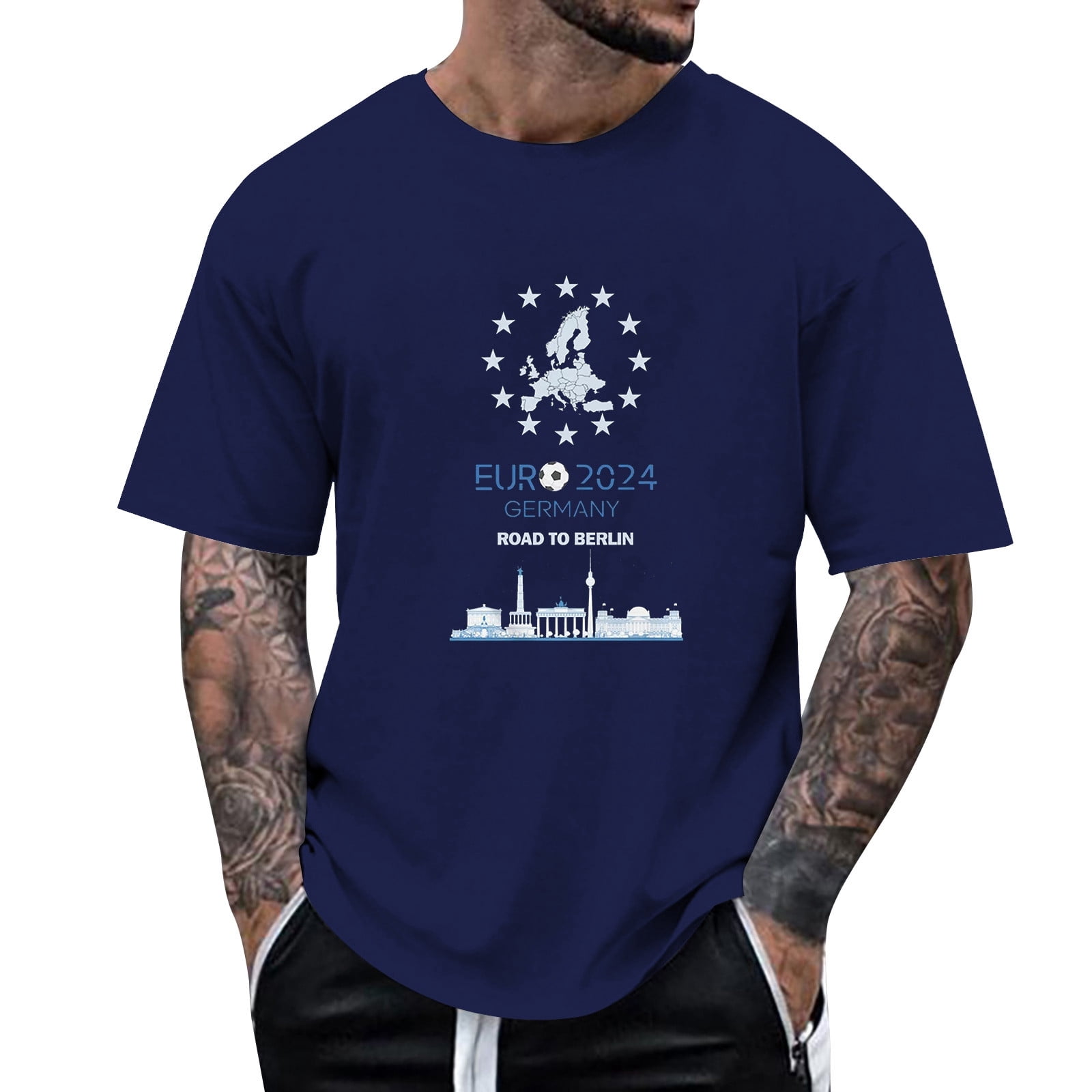 Male 2024 European Cup Print Short Sleeve Round Neck T Shirt Floral