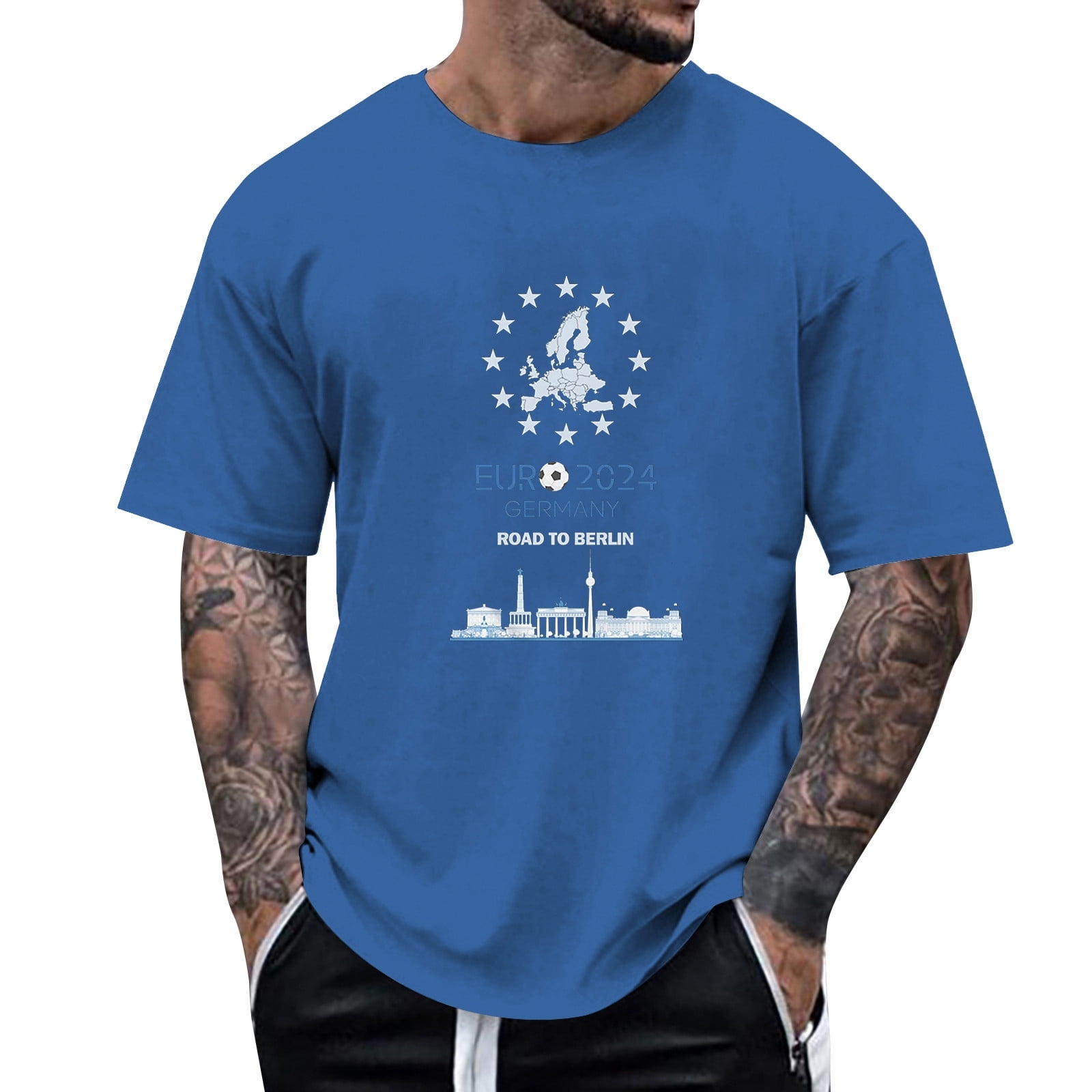 Male 2024 European Cup Print Short Sleeve Round Neck T Shirt Floral
