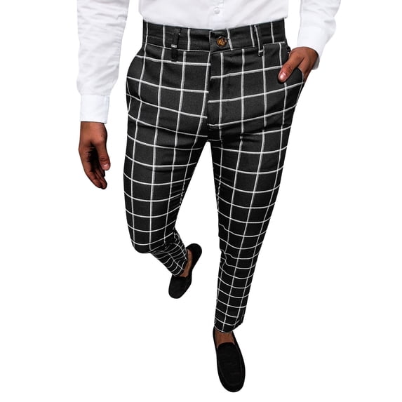 Male All Matching Versatile Casual Plaid Button Slim Leggings Pants Sports Shopping Fashion Suit Trousers Black XL