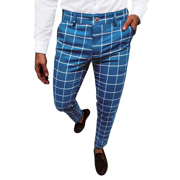 Male All Matching Versatile Casual Plaid Button Slim Leggings Pants Sports Shopping Fashion Suit Trousers Blue M