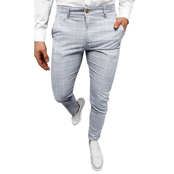 Male All Matching Versatile Casual Plaid Button Slim Leggings Pants Sports Shopping Fashion Suit Trousers Gray 3XL
