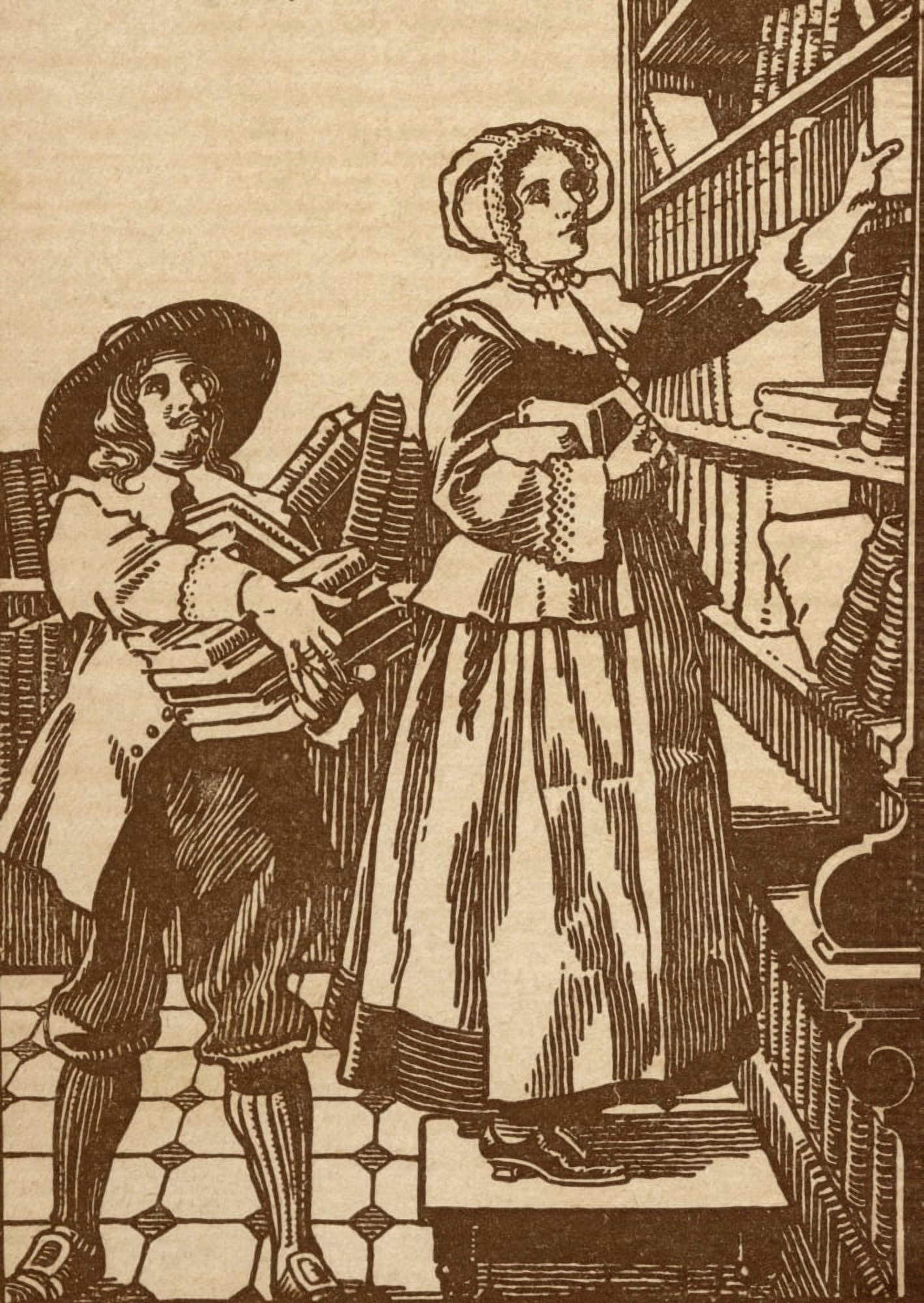 Male And Female Booksellers Working In 17Th Century Bookshop Canvas Art - Ken Welsh Design Pics (12 x 17)