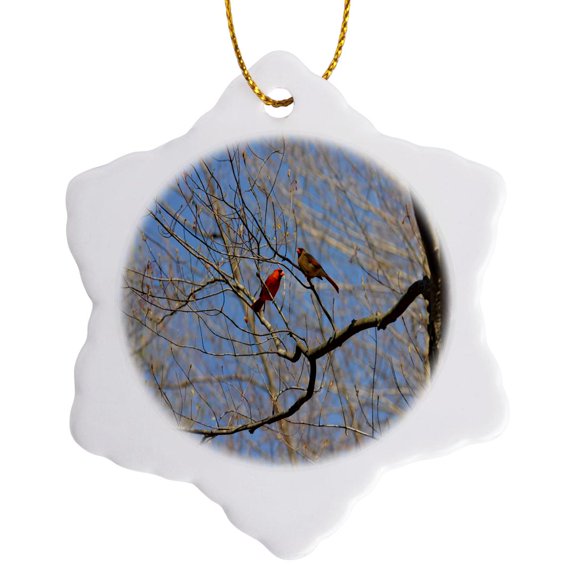 3drose, Male and Female Cardinals Together, 3 inch Snowflake Porcelain Ornament