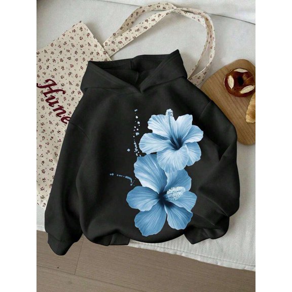 Male And Female NeutralTween Girls Casual Fashionable Fleece Black Hoodie, Simple Letter Print, Versatile Daily Style, Suitable Autumn/Winter