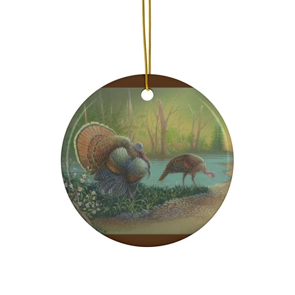 Male And Female Wild Turkeys Thanksgiving Christmas 2D FLAT CIRCLE Ceramic Ornament