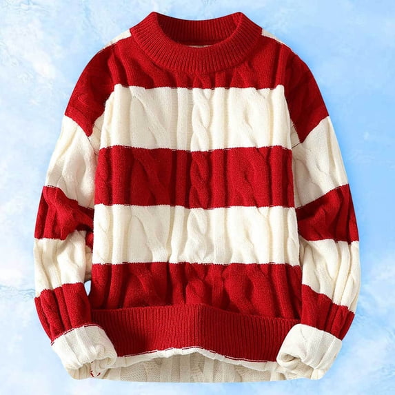 Male Autumn And Winter Crewneck Sweater Loose Thickened Warm Sweater Striped Knit Sweater