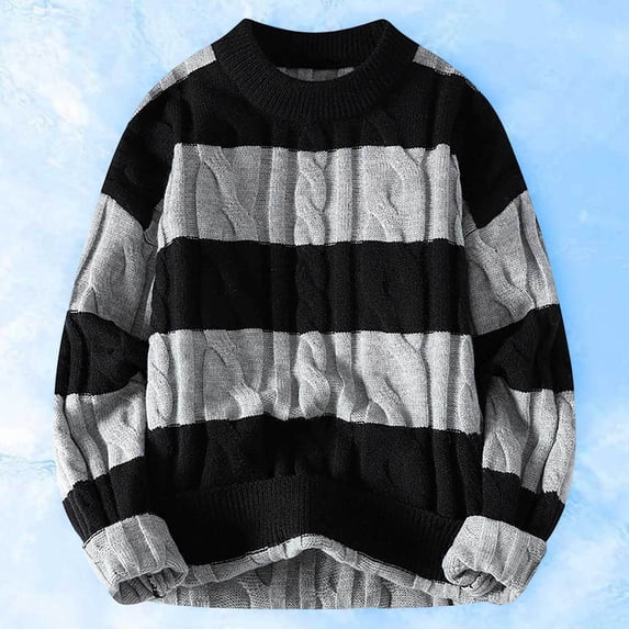 Male Autumn And Winter Crewneck Sweater Loose Thickened Warm Sweater Striped Knit Sweater
