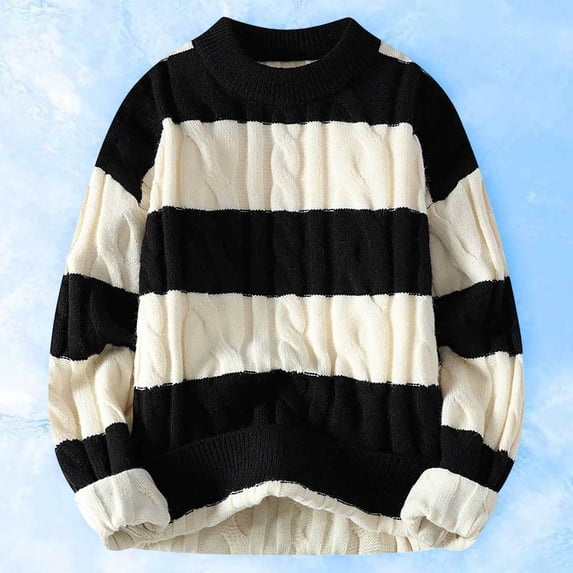 Male Autumn And Winter Crewneck Sweater Loose Thickened Warm Sweater Striped Knit Sweater