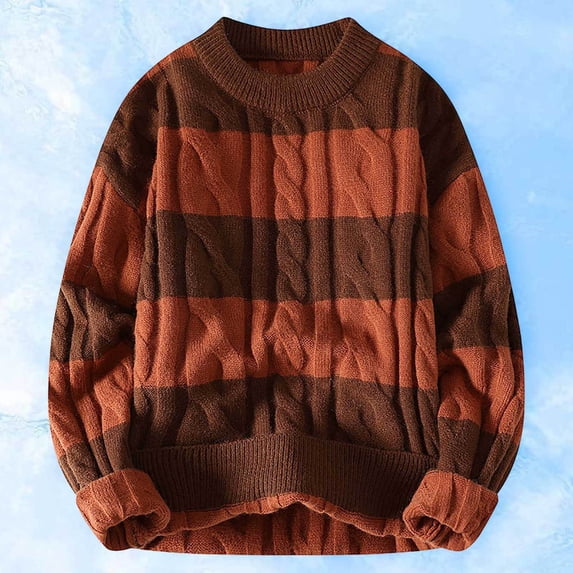 Male Autumn And Winter Crewneck Sweater Loose Thickened Warm Sweater Striped Knit Sweater