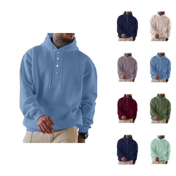 Male Autumn And Winter Long Sleeve Sweatshirt Hooded Button Down Round Neck Solid Color Top Men Cotton Fleece Hooded Sweatshirt
